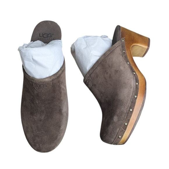 UGG Australia Abbie Clogs Mules Dark Brown Suede Wooden Platform 9 - Picture 2 of 11